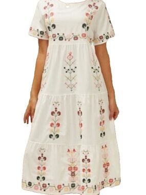Orange Creek White Floral Embroidered Boho Peasant Dress Pockets